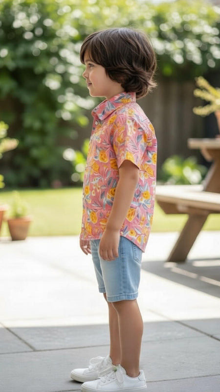 Kids Peach Floral Print Pure Cotton Half Sleeve Shirt