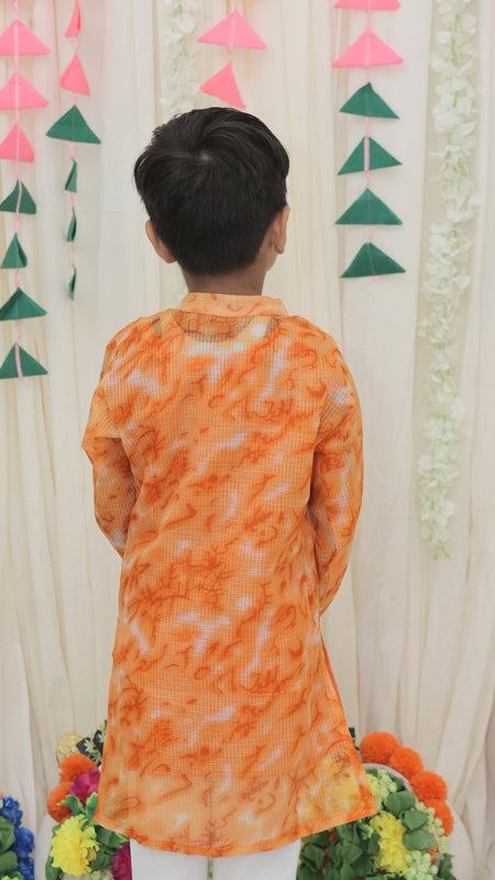 Orange Pure Cotton Kota Doriya Tie & Dye Print Full Sleeve Boys Kurta with Mandarin Collar