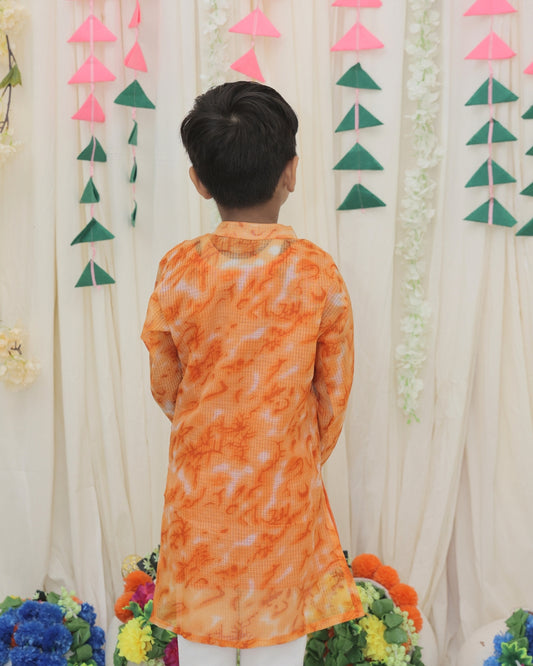 Orange Pure Cotton Kota Doriya Tie & Dye Print Full Sleeve Boys Kurta with Mandarin Collar