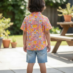 Kids Peach Floral Print Pure Cotton Half Sleeve Shirt