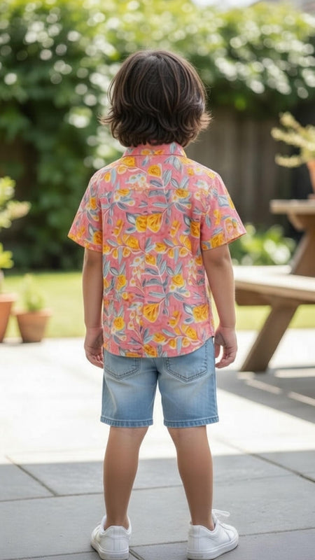 Kids Peach Floral Print Pure Cotton Half Sleeve Shirt