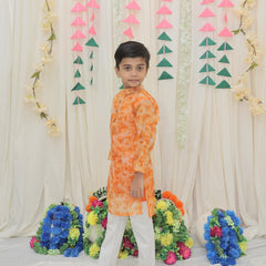 Orange Pure Cotton Kota Doriya Tie & Dye Print Full Sleeve Boys Kurta with Mandarin Collar