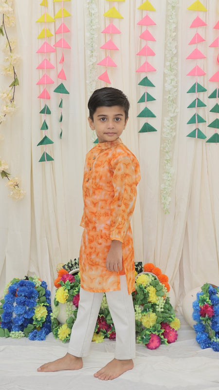 Orange Pure Cotton Kota Doriya Tie & Dye Print Full Sleeve Boys Kurta with Mandarin Collar
