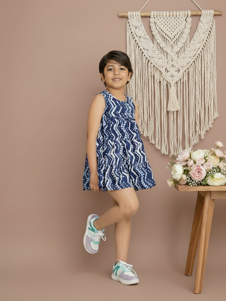 Natural Indigo Dyed Tiered Dress Zigzag print
