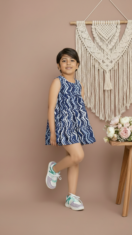 Natural Indigo Dyed Tiered Dress Zigzag print