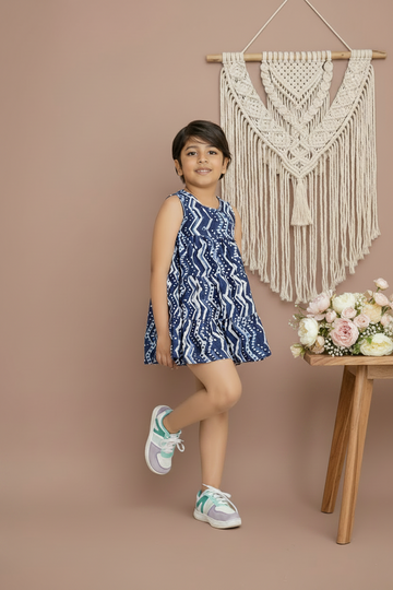 Natural Indigo Dyed Tiered Dress Zigzag print