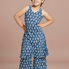 Indigo Booti Hand Block Print Kurta Pallazo Pants Set