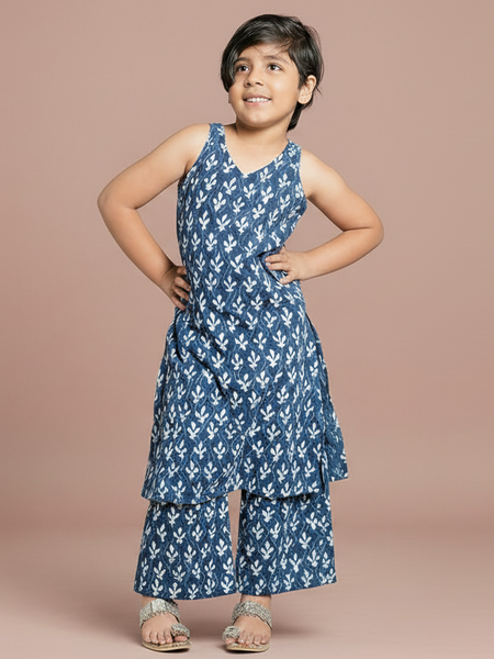 Indigo Booti Hand Block Print Kurta Pallazo Pants Set