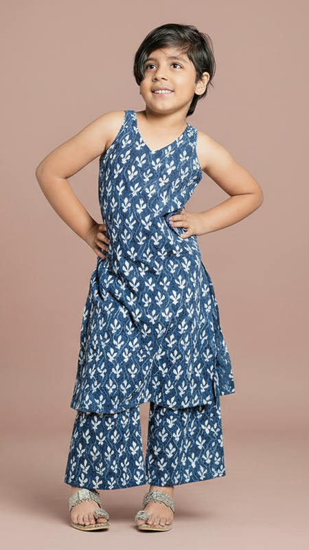 Indigo Booti Hand Block Print Kurta Pallazo Pants Set