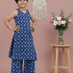 Indigo Diamond Hand Block Print Kurta Palazzo Pants Set