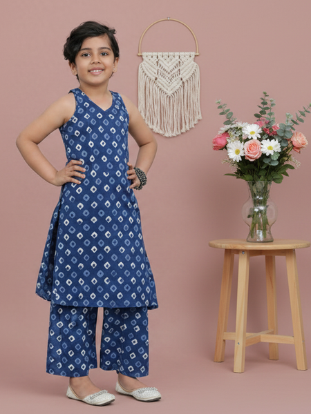 Indigo Diamond Hand Block Print Kurta Palazzo Pants Set