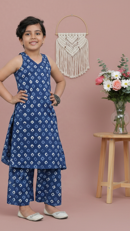 Indigo Diamond Hand Block Print Kurta Palazzo Pants Set