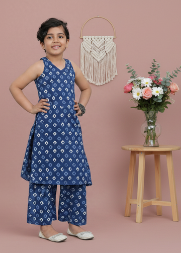 Indigo Diamond Hand Block Print Kurta Palazzo Pants Set