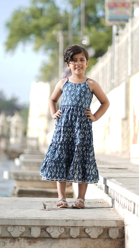 Natural Indigo Dyed Tiered Dress Floral