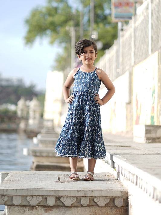 Natural Indigo Dyed Tiered Dress Floral