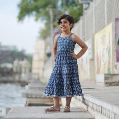 Natural Indigo Dyed Tiered Dress Floral