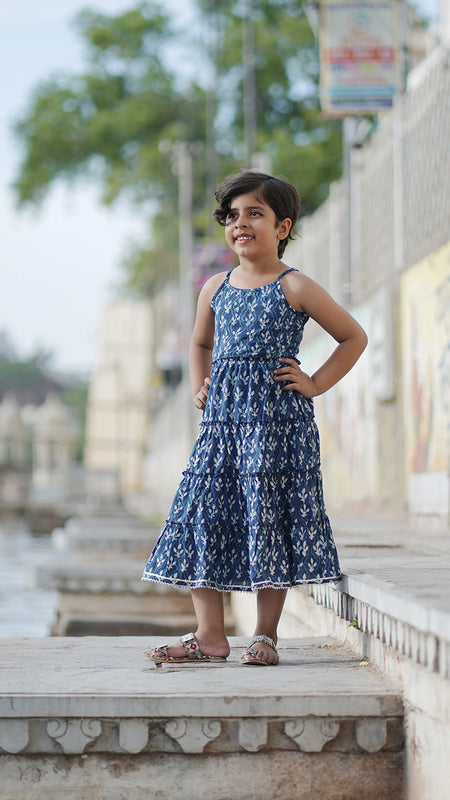 Natural Indigo Dyed Tiered Dress Floral