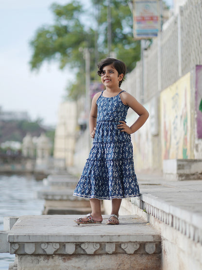 Natural Indigo Dyed Tiered Dress Floral