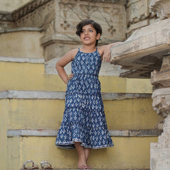 Natural Indigo Dyed Tiered Dress Floral