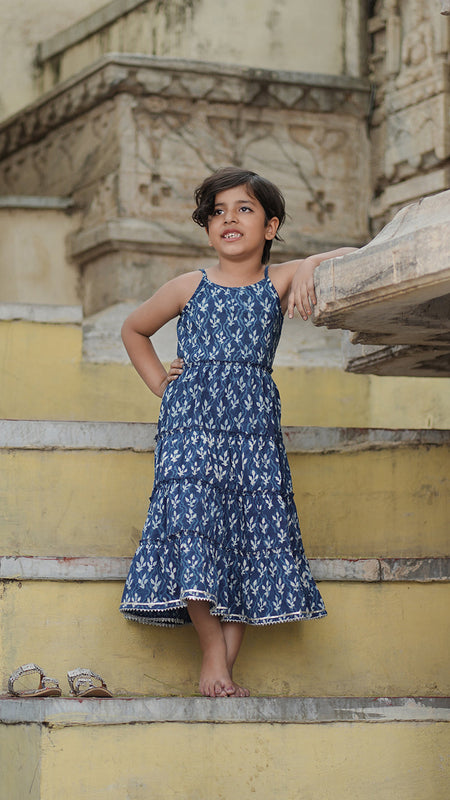 Natural Indigo Dyed Tiered Dress Floral