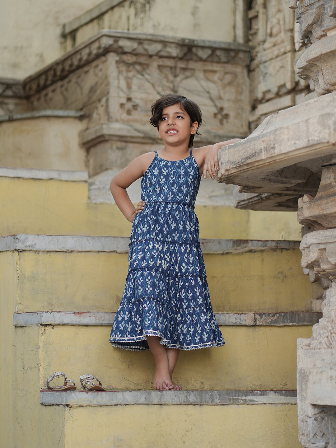 Natural Indigo Dyed Tiered Dress Floral