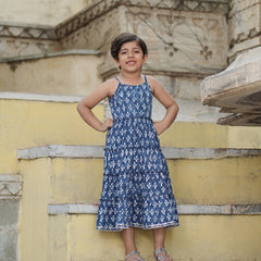 Natural Indigo Dyed Tiered Dress Floral