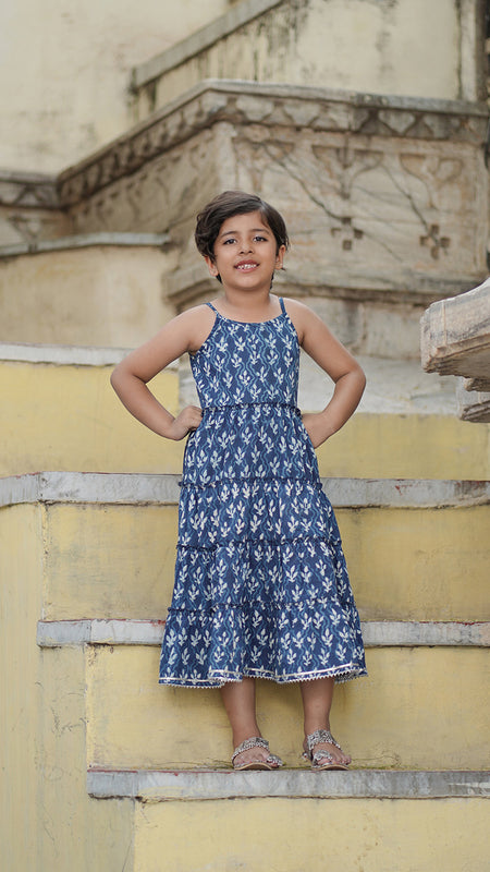 Natural Indigo Dyed Tiered Dress Floral