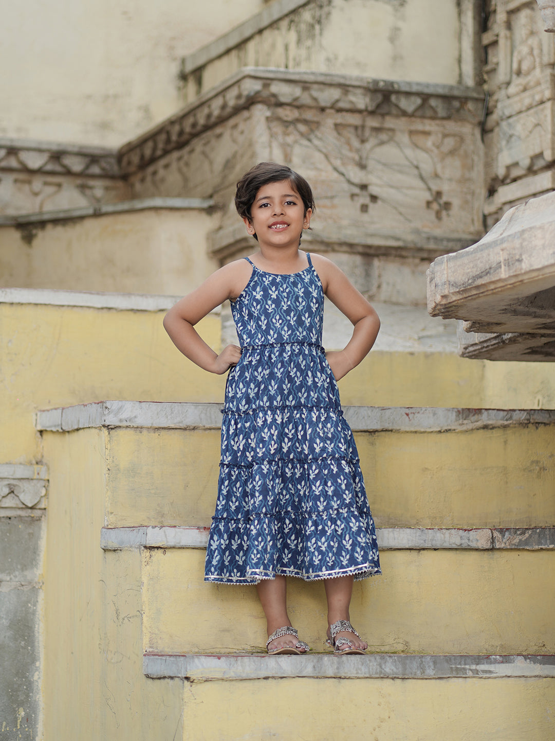 Natural Indigo Dyed Tiered Dress Floral