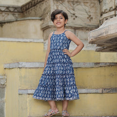 Natural Indigo Dyed Tiered Dress Floral
