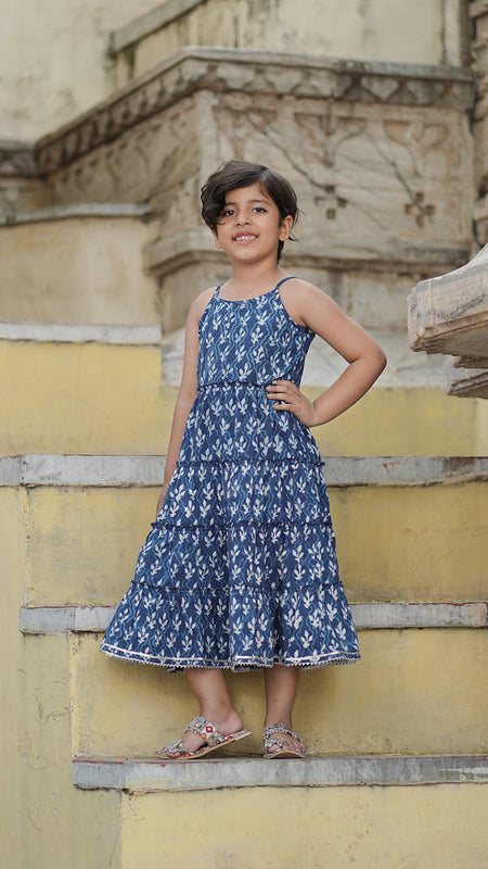 Natural Indigo Dyed Tiered Dress Floral