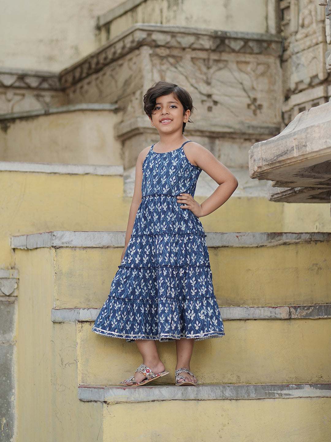 Natural Indigo Dyed Tiered Dress Floral