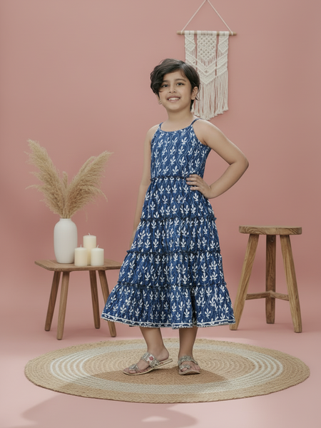 Natural Indigo Dyed Tiered Dress Floral