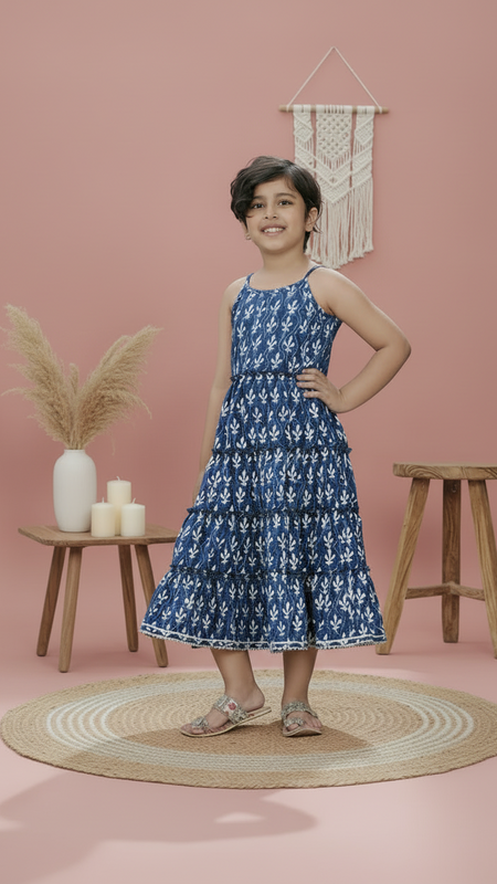 Natural Indigo Dyed Tiered Dress Floral