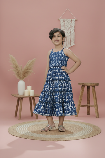 Natural Indigo Dyed Tiered Dress Floral