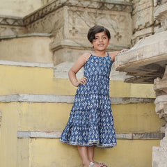 Natural Indigo Dyed Tiered Dress Floral