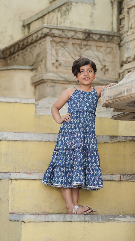 Natural Indigo Dyed Tiered Dress Floral