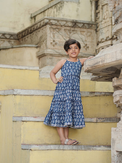 Natural Indigo Dyed Tiered Dress Floral