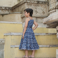 Natural Indigo Dyed Tiered Dress Floral