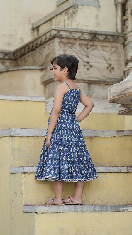 Natural Indigo Dyed Tiered Dress Floral