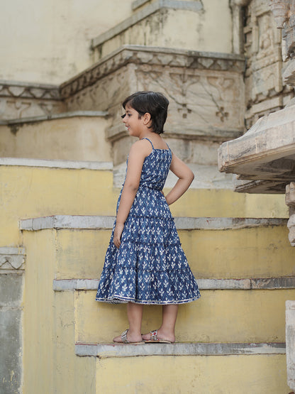 Natural Indigo Dyed Tiered Dress Floral