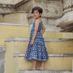 Natural Indigo Dyed Tiered Dress Floral