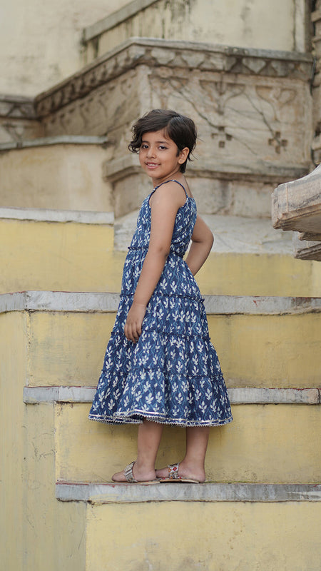 Natural Indigo Dyed Tiered Dress Floral