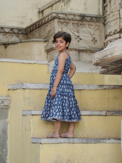 Natural Indigo Dyed Tiered Dress Floral