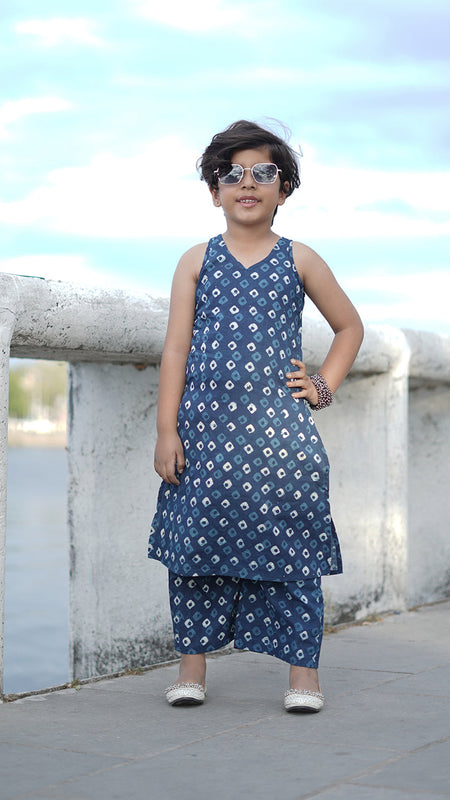 Indigo Diamond Hand Block Print Kurta Palazzo Pants Set
