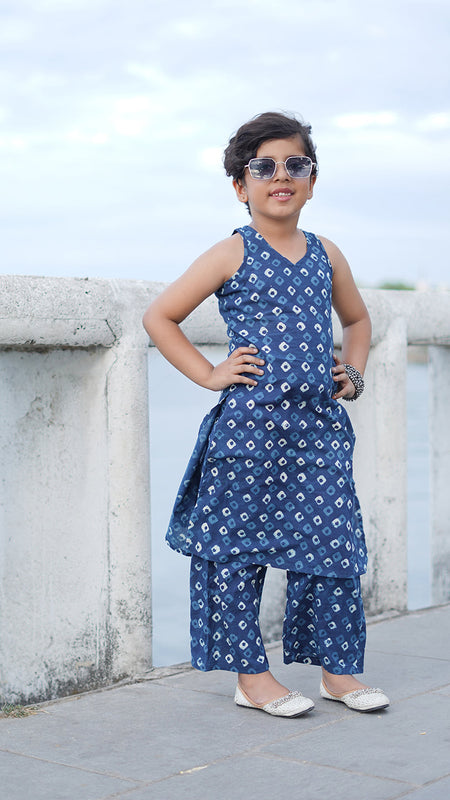 Indigo Diamond Hand Block Print Kurta Palazzo Pants Set
