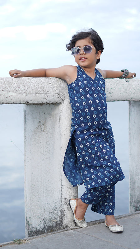 Indigo Diamond Hand Block Print Kurta Palazzo Pants Set