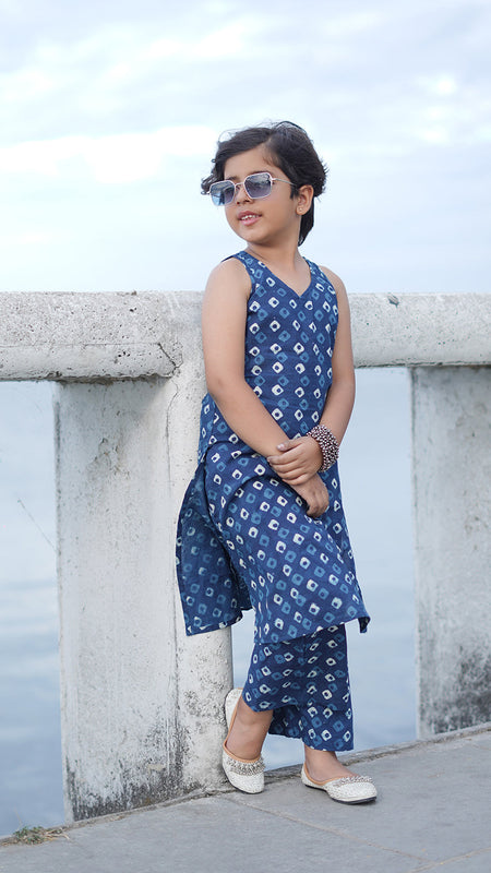 Indigo Diamond Hand Block Print Kurta Palazzo Pants Set