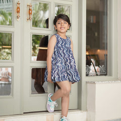 Natural Indigo Dyed Tiered Dress Zigzag print