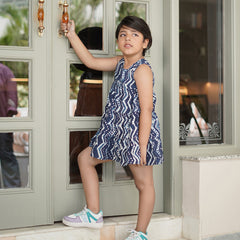 Natural Indigo Dyed Tiered Dress Zigzag print