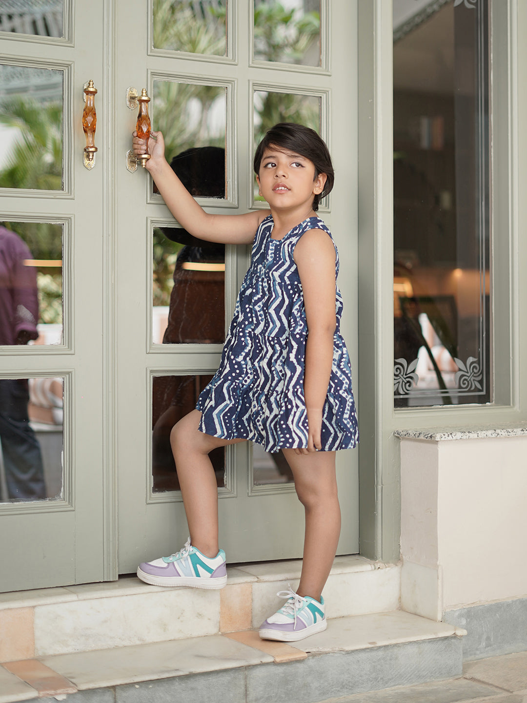 Natural Indigo Dyed Tiered Dress Zigzag print